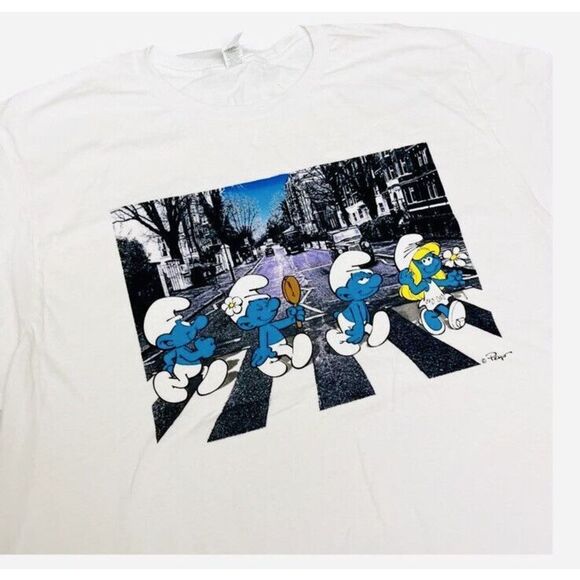 Smurfs Mens L Abbey Road T-Shirt Beetles Novelty Papa Smurfette Music Cartoon - Picture 1 of 7